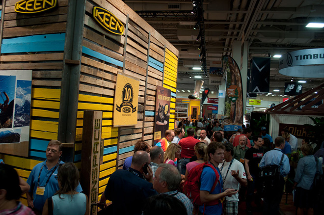 A big crowd surges into the Keen booth for show special deals on sandals and shoes.