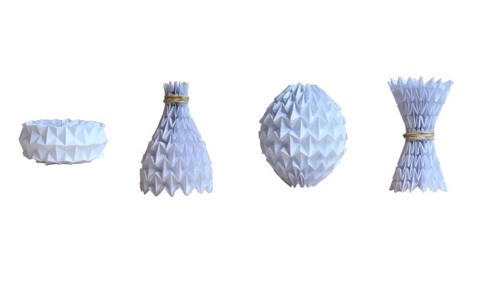 This ‘Magic Ball’ origami piece is extremely complex in geometry but amazingly adaptable in form. I began to fold pieces like this to better understand the way these geometries behave.