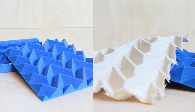 Since paper/fabric cannot be folded more than eight times it became difficult to create large origami patterns. Here I am exploring new ways to create the folds using a 3D printed mold. The process consisted of wetting the fabric, then drying it in the mold under a few kilograms of pressure. This test was successful and it has since been used with fabric stiffeners and silicone to give strength to the pattern.