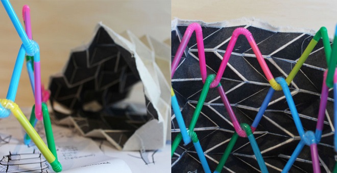 This is a representation of a skeleton-like structure to support the outer layer. Using straws and a ‘U’ shaped origami pattern to try and link the two together to expand and contract accordingly.