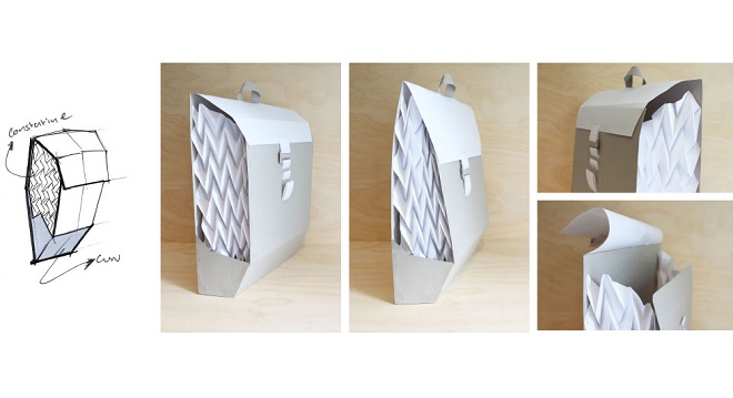 This is the most recent prototype; it runs as a hybrid between semi-flex plastic shell and flexible fabric origami. It was successful in function to adapt its volume organically. Yet the form will continue to be explored to better capitalize on the level of variation in volume.