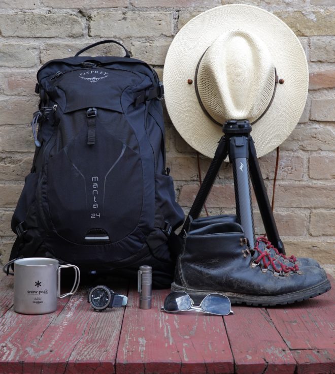 Osprey manta backpack, peak design tripod and snow peak ti mug