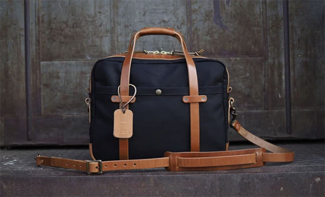 Vermilyea Pelle Standard Briefcase in Dry Wax Black Twill/Glazed Amber Harness