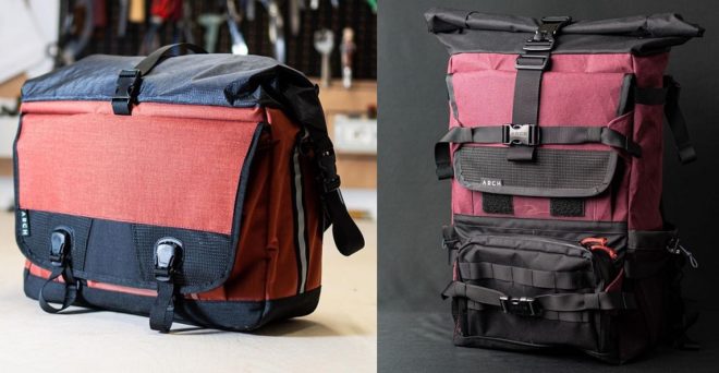 ARCH Rusty Red Pannier with Ortlieb attachment and 25lt Daily Rolltop Backpack