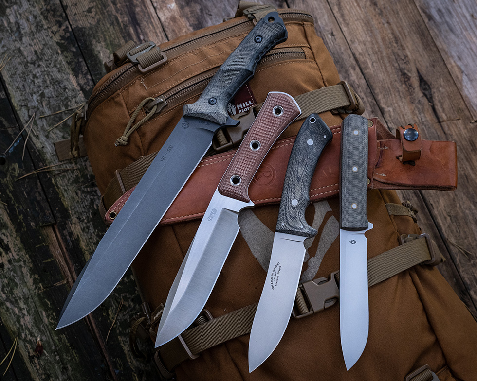 Left to right fixed blade: Reeve Impofu, TRC Apocalypse, Harsey Hunter, Sliwkosky Knives Kephart custom