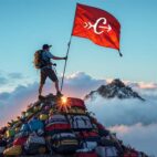 man on mountain of bags with carryology flag