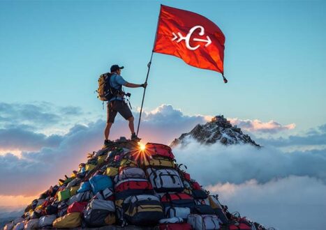 man on mountain of bags with carryology flag