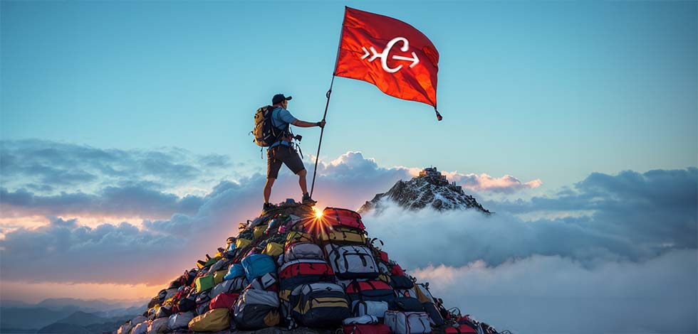 man on mountain of bags with carryology flag