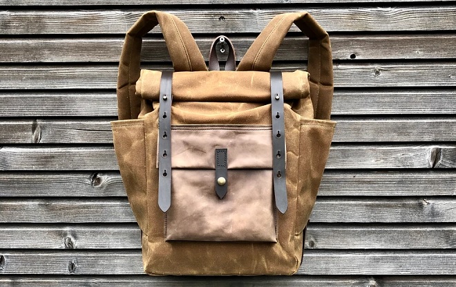 Mens Backpack Waxed Canvas & Leather Roll Top Brown Wax 