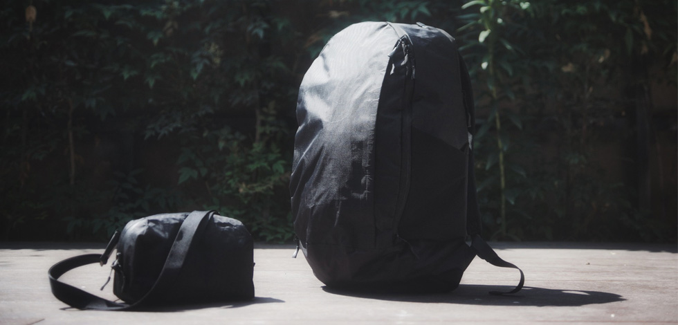 a japanese made dyneema backpack shot outside