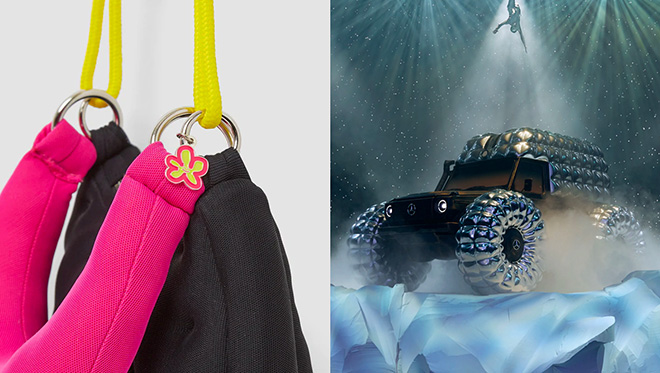 Left image Marshall Columbia bag detail / Right image Moncler Genius X Mercedes 