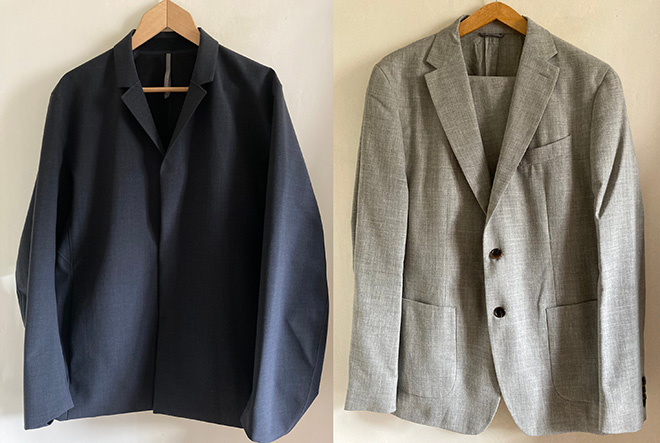 Veilance Spere Tech Wool Blazer (left) and the “Bonne Gueule Breno Jacket