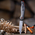 titanium knife sticking out of log in forrest