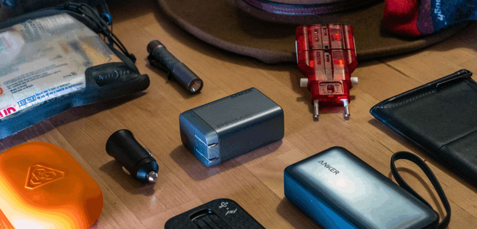 travel gear packing list on tables