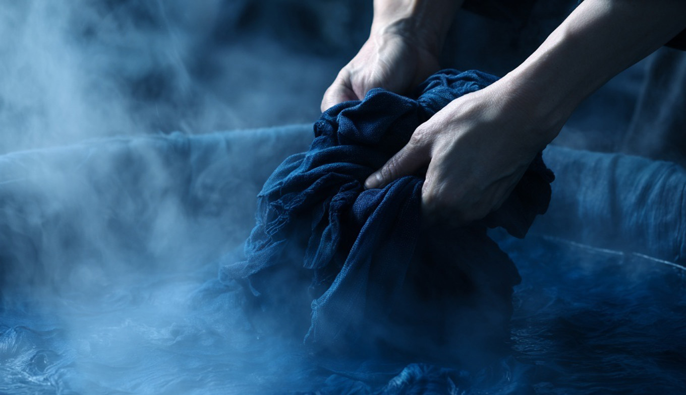 japanese craftsperson with hands in indigo vat
