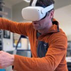 designer using VR to design a backpack