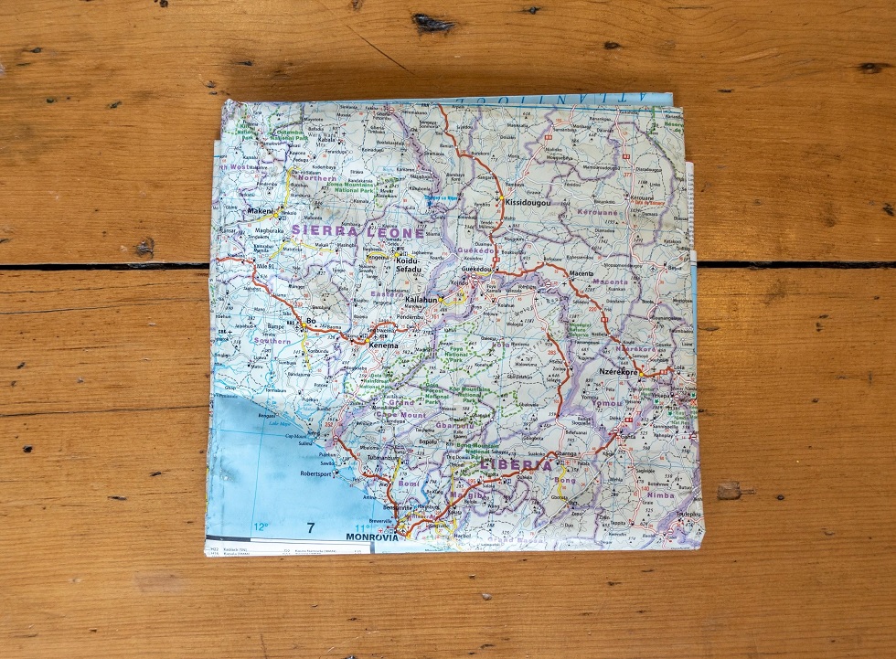 Map of Sierra Leone and Liberia used on solo jungle cycling expedition by Jude Kriwald
